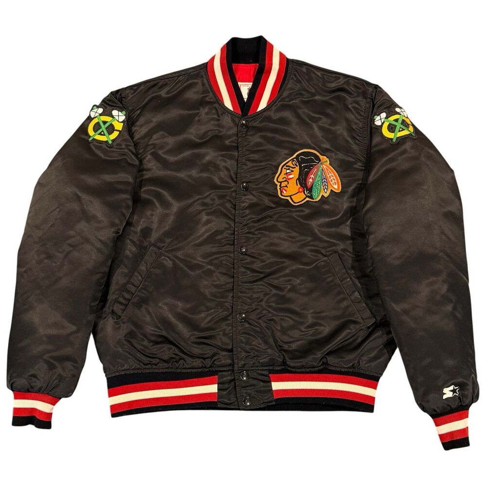 Vintage 80s Starter Chicago Blackhawks Satin Bomber Jacket Large Made in USA NHL
